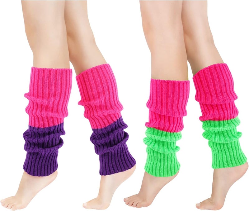 Junely 2 Pairs Leg Warmers for Women 80s Ribbed Knit Leg Warmer Pack for Ballet Dance Figure Skating Yoga Party Neon - Image 1